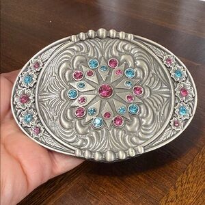 Montana Silversmiths Silver Belt Buckle with pink and blue crystals